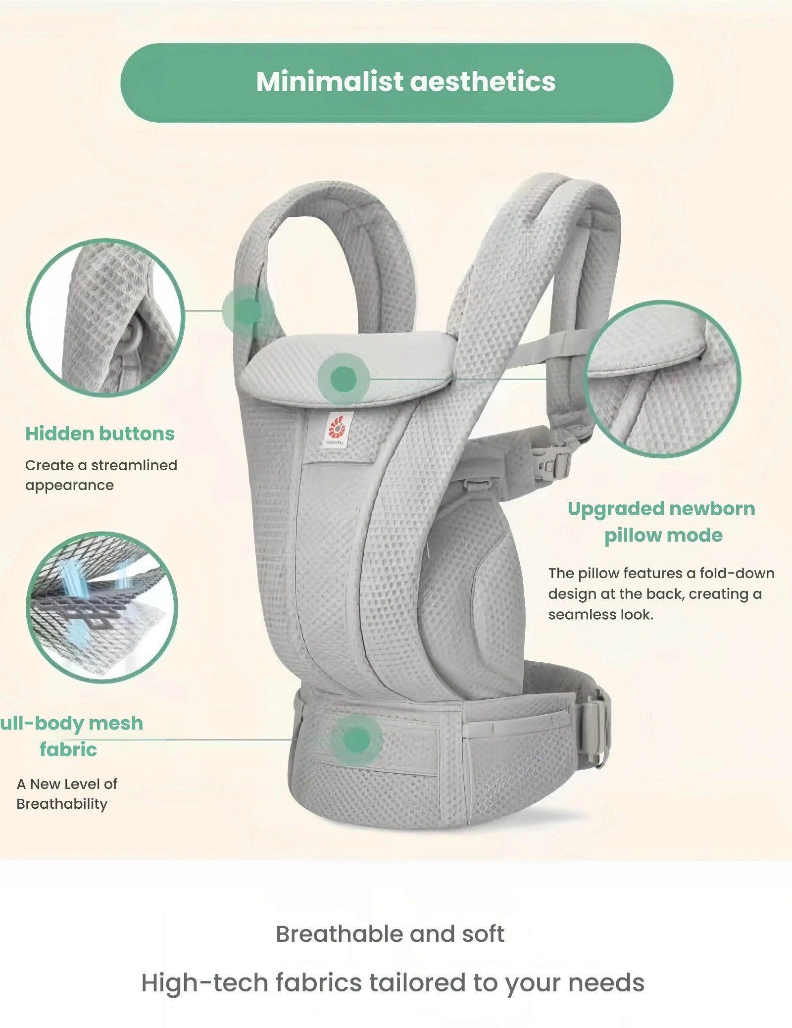 Front view of Ergobaby Omni Classic Mesh Carrier with airflow graphic highlighting extreme breathability, newborn suitability, and multifunctional storage pocket. Ideal for hot weather and long-term wear.
