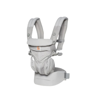 Studio shot of Ergobaby Omni Classic Mesh Carrier in light grey color—full-body breathable mesh, padded shoulder straps, and ergonomic seat design for newborn to toddler use.