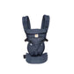 Studio shot of Ergobaby Omni Classic Mesh Carrier in navy blue—durable mesh fabric, adjustable waist belt, and secure buckles for safe and comfortable babywearing from birth.
