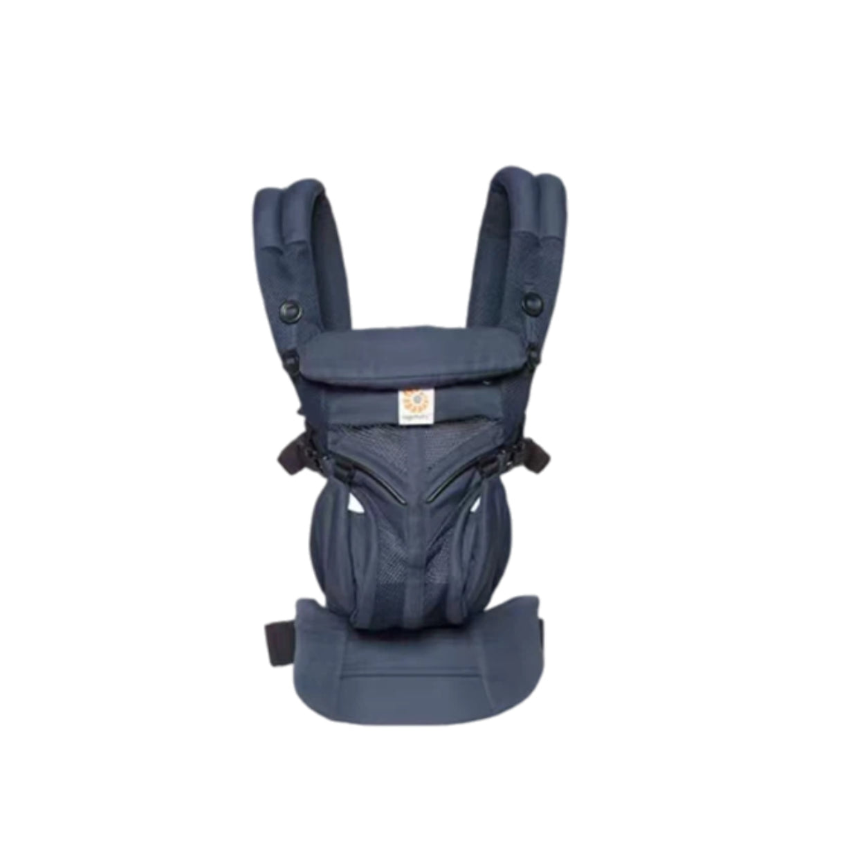 Studio shot of Ergobaby Omni Classic Mesh Carrier in navy blue—durable mesh fabric, adjustable waist belt, and secure buckles for safe and comfortable babywearing from birth.
