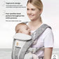 Mother using Ergobaby Omni Classic Mesh Carrier with baby in front carry. Features include SoftFlexMesh technology, ergonomic design recommended by International Bone and Joint Association, and four-position back posture support.
