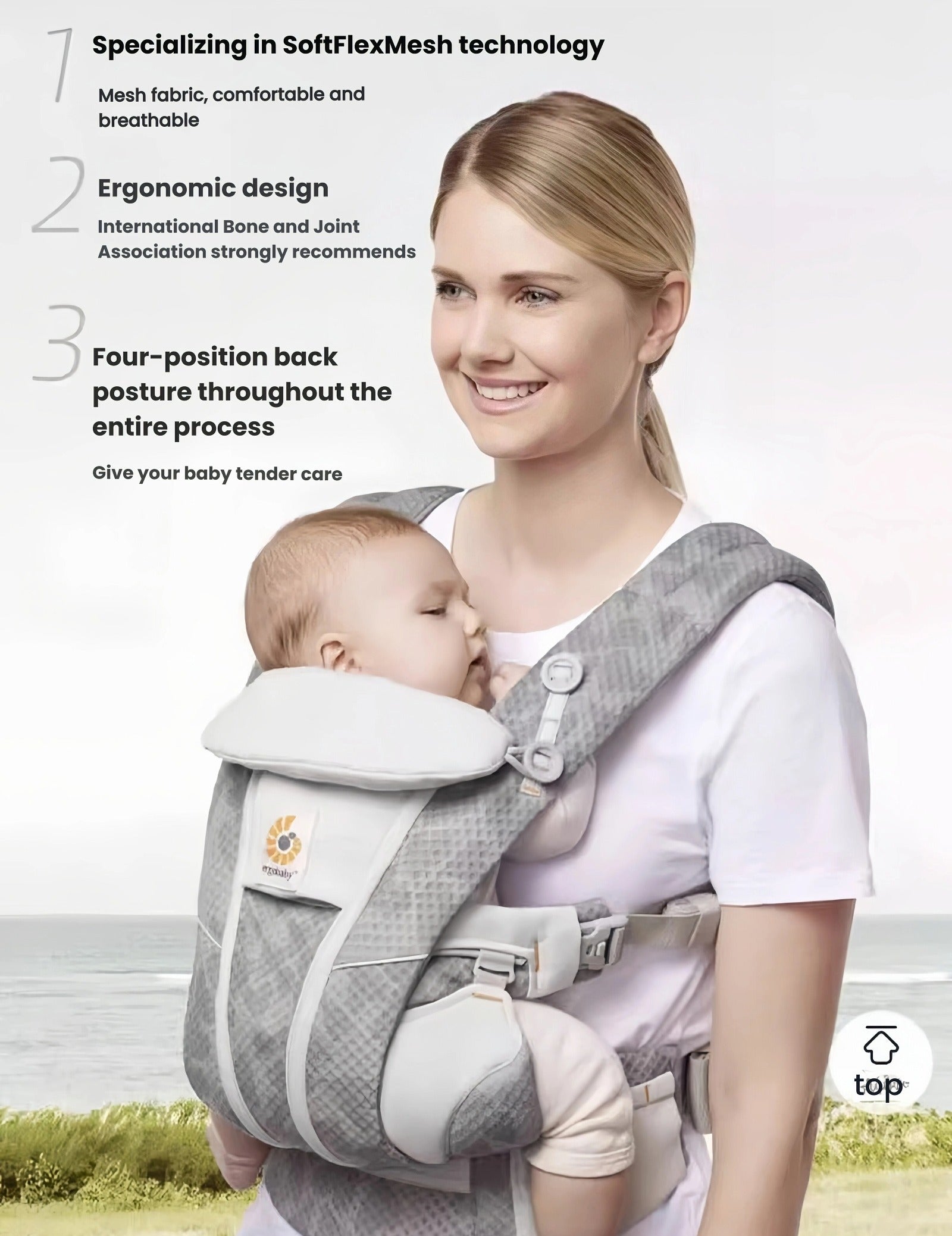 Mother using Ergobaby Omni Classic Mesh Carrier with baby in front carry. Features include SoftFlexMesh technology, ergonomic design recommended by International Bone and Joint Association, and four-position back posture support.