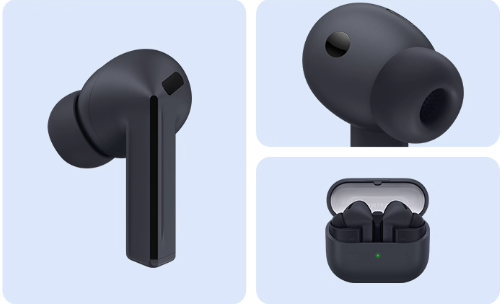 A detailed collage of the graphite Samsung Galaxy Buds3 FE, showing a side profile of the earbud, a close-up of the eartip, and the earbuds in their charging case.