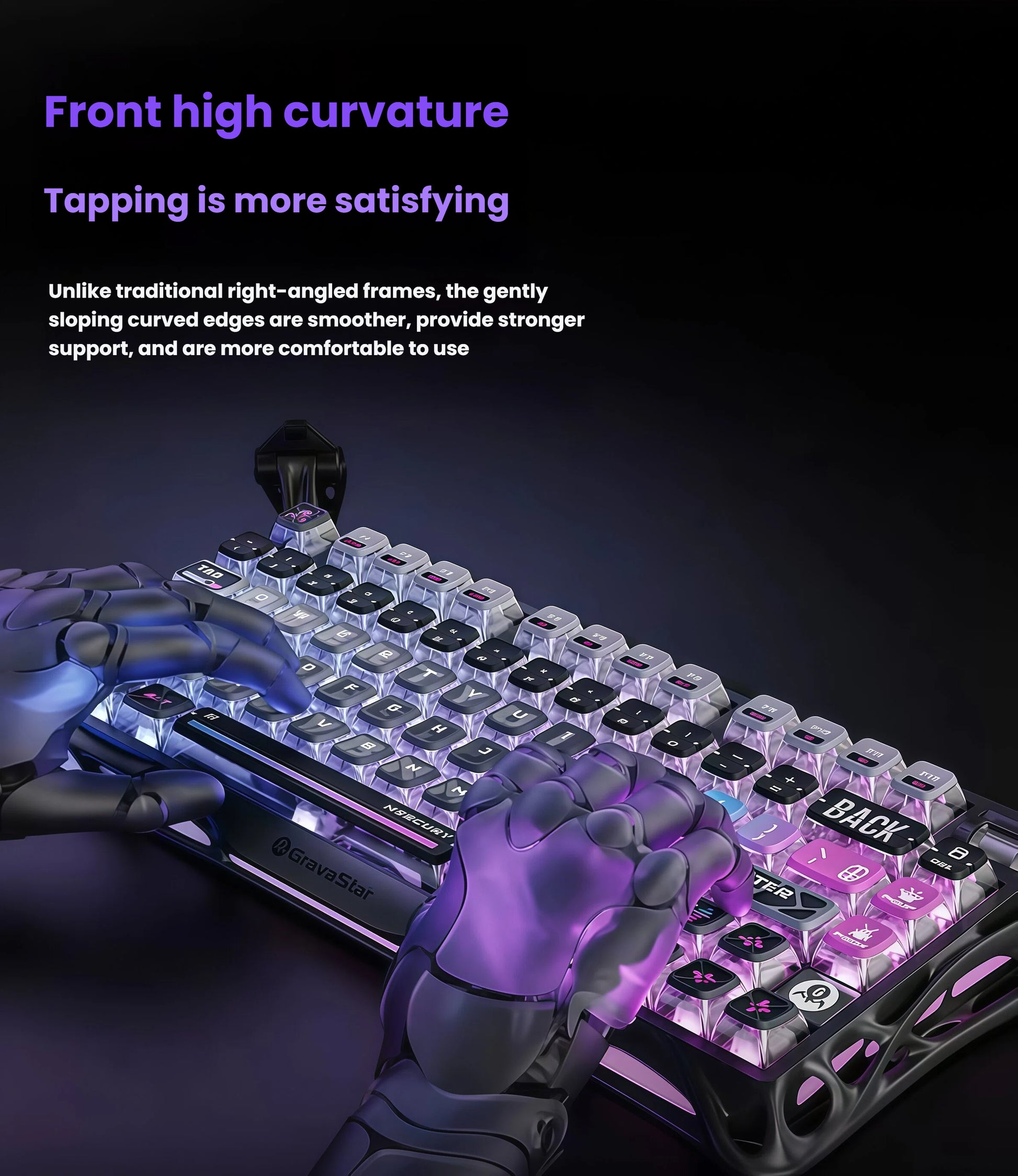 GravaStar Mercury K1 Pro gaming keyboard with gently sloping curved front edges for improved wrist support and comfortable typing experience during long gaming sessions.