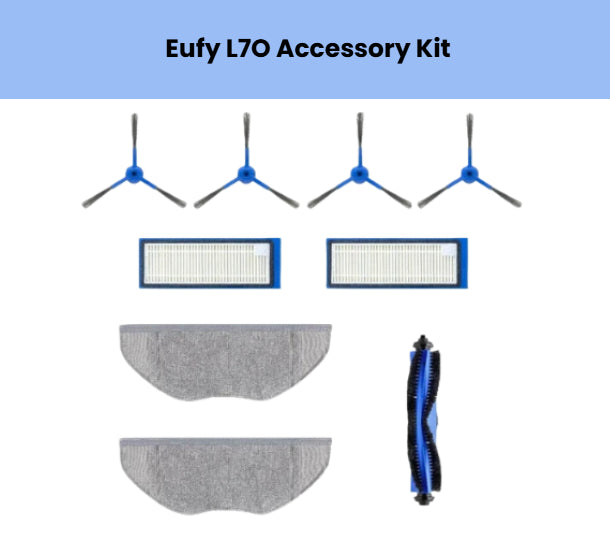 Eufy L70 Hybrid replacement accessory kit – includes 4 side brushes, 2 HEPA filters, 2 gray mopping pads, 1 blue dust bin cover, and 1 main brush roller – compatible parts for Eufy RoboVac L70 Hybrid robot vacuum