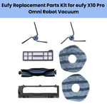 Eufy replacement parts kit for X10 Pro Omni robot vacuum – includes 2 blue side brushes, 1 rectangular HEPA filter, 1 black main brush roller, 2 round blue mopping pads, and 1 dust bin filter cover – compatible accessories for Eufy X10 Pro Omni model