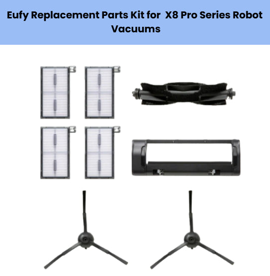 Eufy replacement parts kit for X8 Pro Series robot vacuum – includes 4 white HEPA filters, 1 black main brush roller, 1 dust bin filter cover, and 2 black side brushes – compatible accessories for Eufy X8 Pro and X8 Pro Plus models
