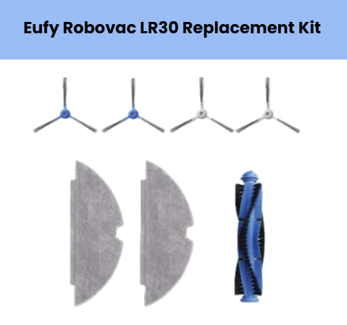 Eufy RoboVac LR30 replacement kit – includes 4 side brushes (2 blue, 2 white hubs), 2 gray microfiber mopping pads, and 1 blue main brush roller – compatible parts for Eufy LR30 robot vacuum cleaning and mopping maintenance
