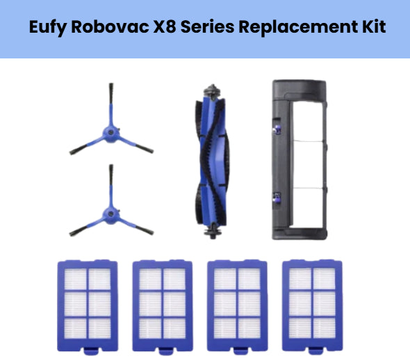 Eufy RoboVac X8 Series replacement kit – includes 2 blue side brushes, 1 blue main brush roller, 1 black dust bin filter cover, and 4 square HEPA filters with blue frames – compatible parts for Eufy X8 Pro and X8 Pro Plus robot vacuums