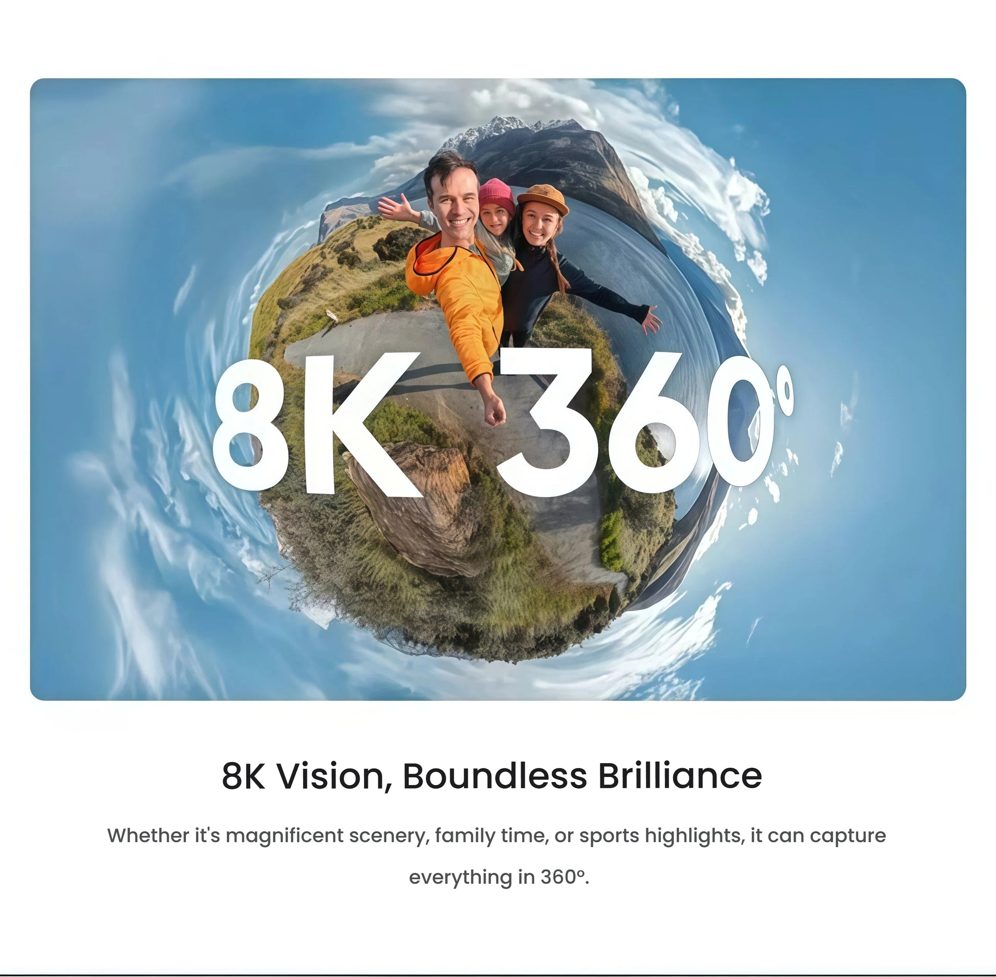 A stunning "tiny planet" style 360-degree photo of a family, showcasing the incredible detail and vibrant color captured by the Insta360 X4 Air's 8K sensor.