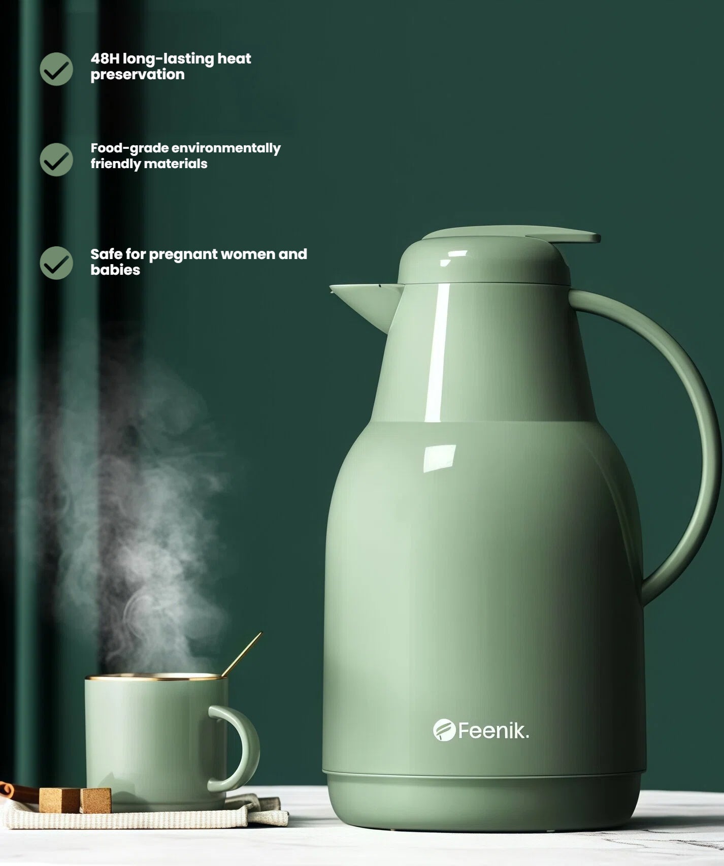 The sage green FEENIK thermal jug with steam rising from a mug, highlighting key features: 48-hour long-lasting heat preservation, food-grade materials, and being safe for pregnant women and babies.