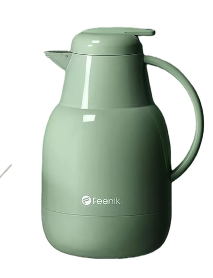 A front view of the FEENIK 1-liter thermal coffee and tea carafe in a modern sage green finish, featuring an ergonomic handle and a push-button lid for easy pouring.