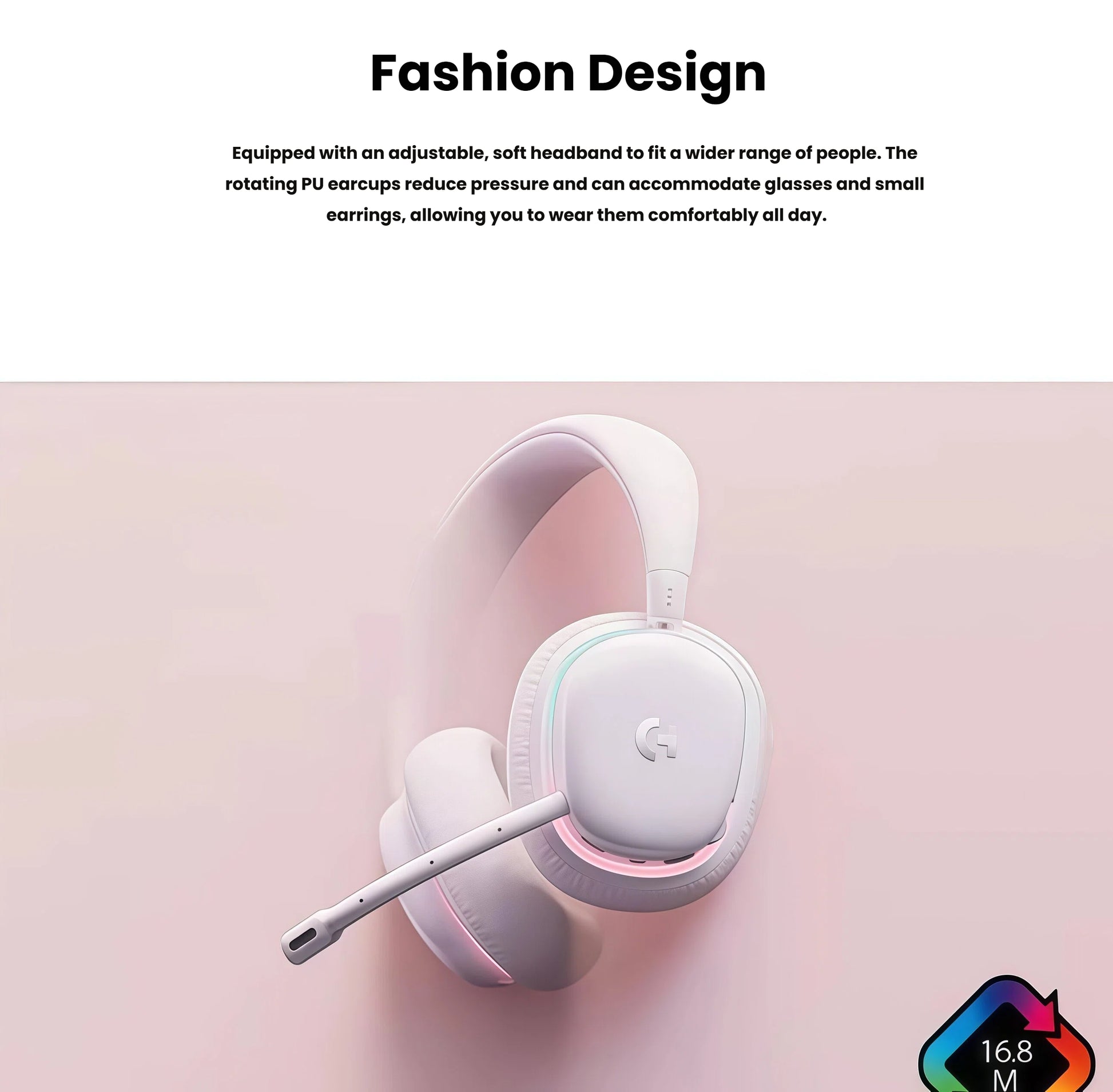 Overhead shot of the white G735 lying on a pink surface, emphasizing the rotating PU earcups that relieve pressure for glasses wearers.