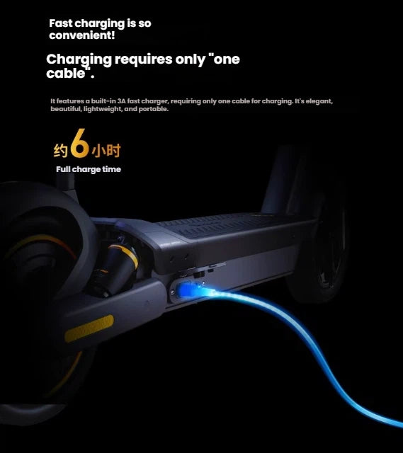 The convenient fast-charging port of the Segway MAX G2, highlighting its built-in 3A charger that allows for a full charge in approximately 6 hours with a single cable