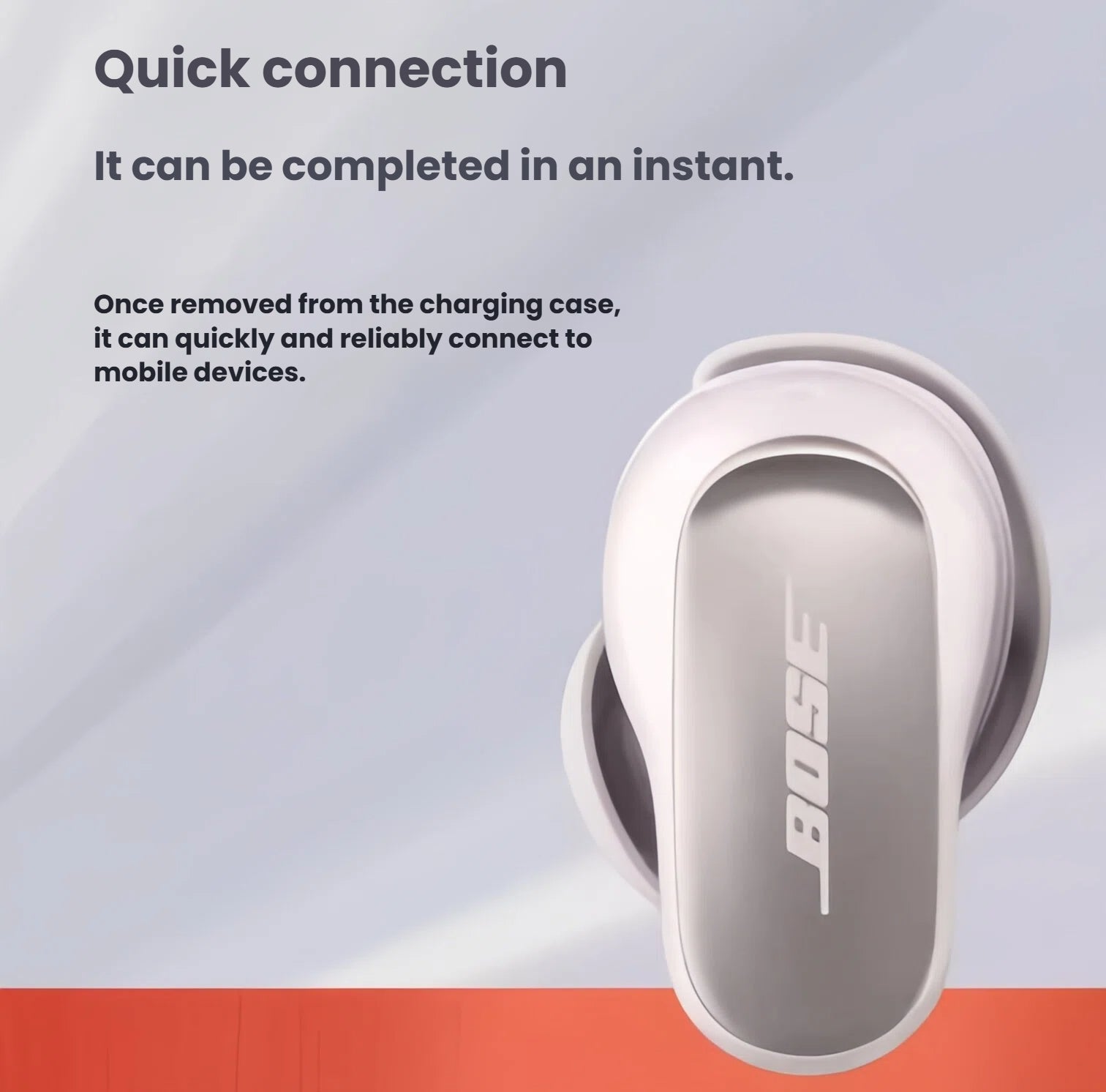 An image demonstrating the quick and reliable Bluetooth connection of the Bose QuietComfort Ultra Earbuds, which automatically pair with your mobile device when taken out of the charging case.