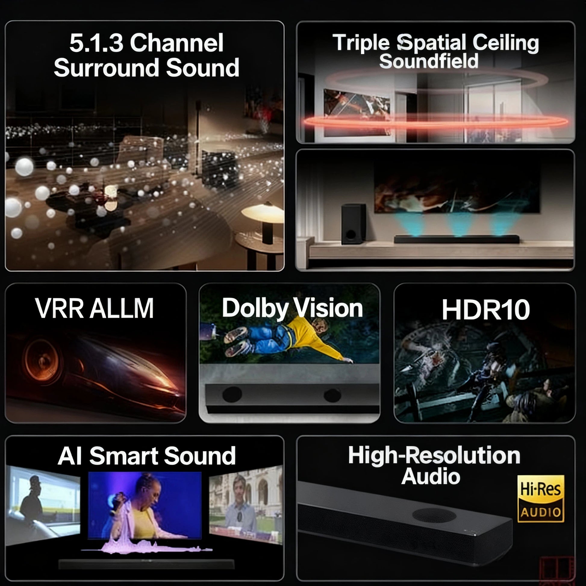 A collage of key features of the LG S80TR soundbar. Highlights include "5.1.3 Channel Surround Sound," "Triple Spatial Ceiling Soundfield," "VRR ALLM" for gaming, "Dolby Vision," "HDR10," "AI Smart Sound," and a "High-Resolution Audio" certification logo, showcasing its advanced capabilities.