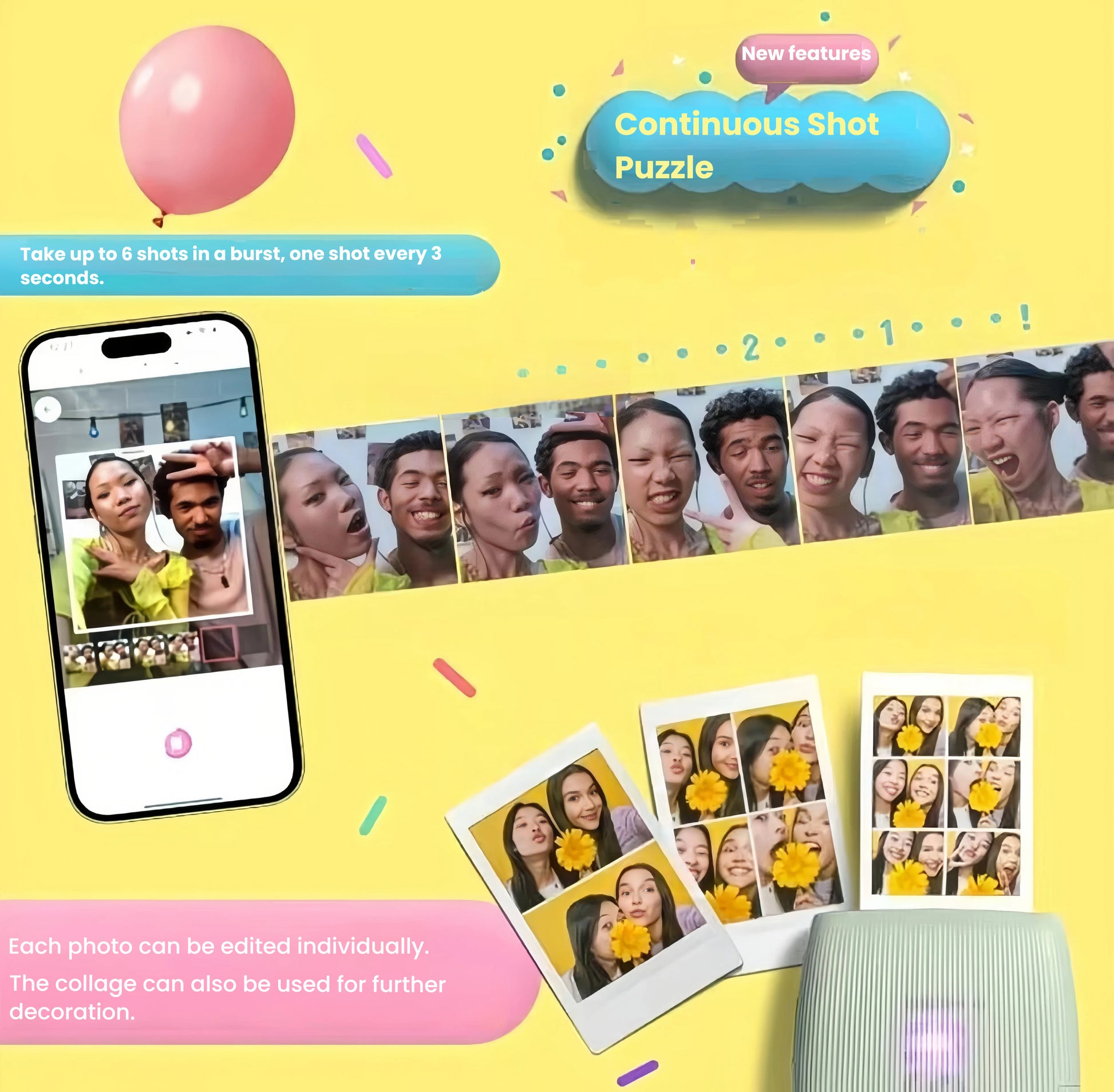 Fujifilm Instax Mini Link 3 app displaying 6-shot burst mode. Each photo can be edited individually before printing as a collage. Fun feature for parties, photoshoots, and expressive moments.