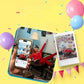 Smartphone screen showing photo editing interface with filters and stickers. Printed Instax Mini photo displayed beside it—same image with added balloons and fun effects. Perfect for creative printing from phone.