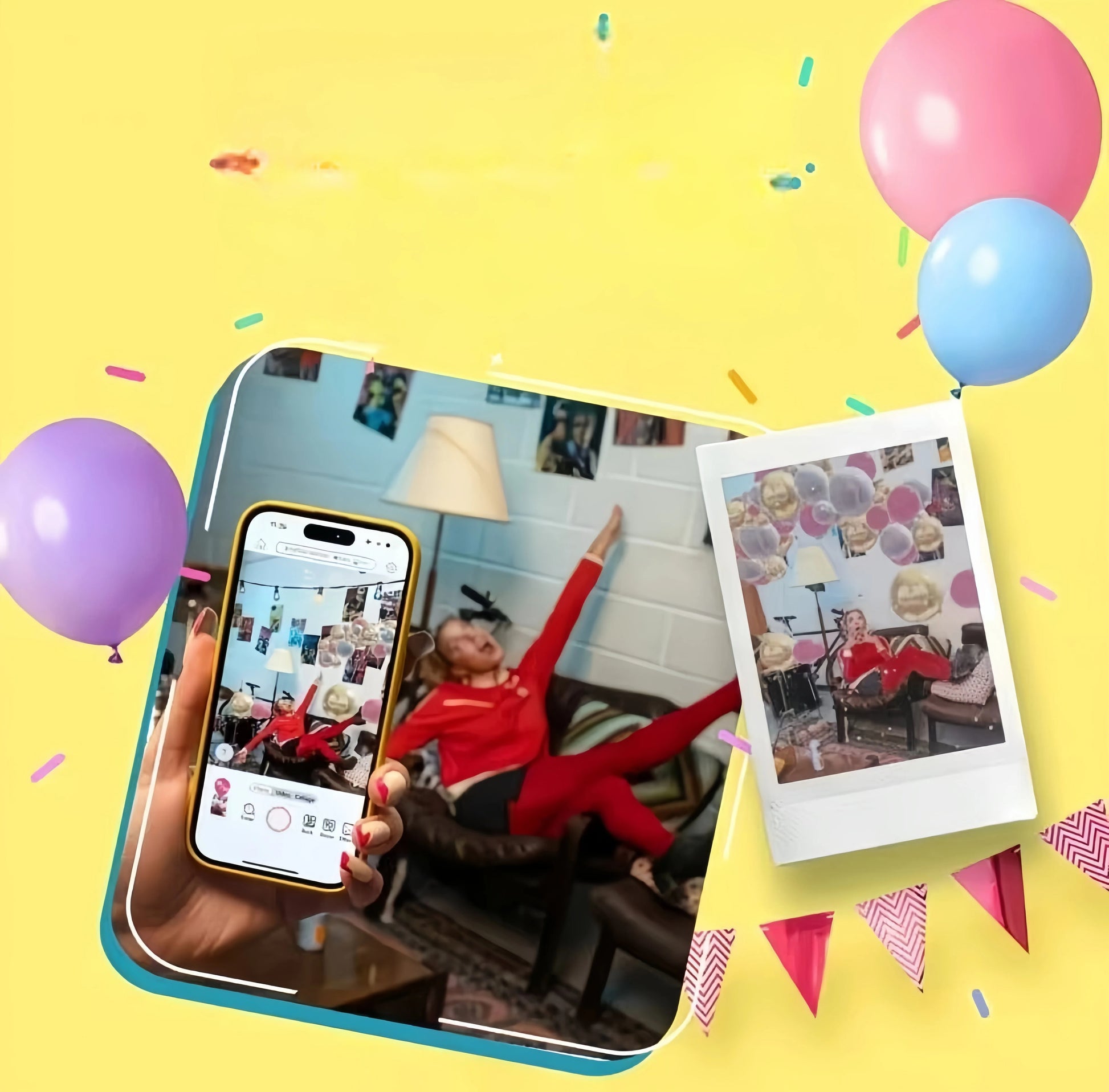 Smartphone screen showing photo editing interface with filters and stickers. Printed Instax Mini photo displayed beside it—same image with added balloons and fun effects. Perfect for creative printing from phone.