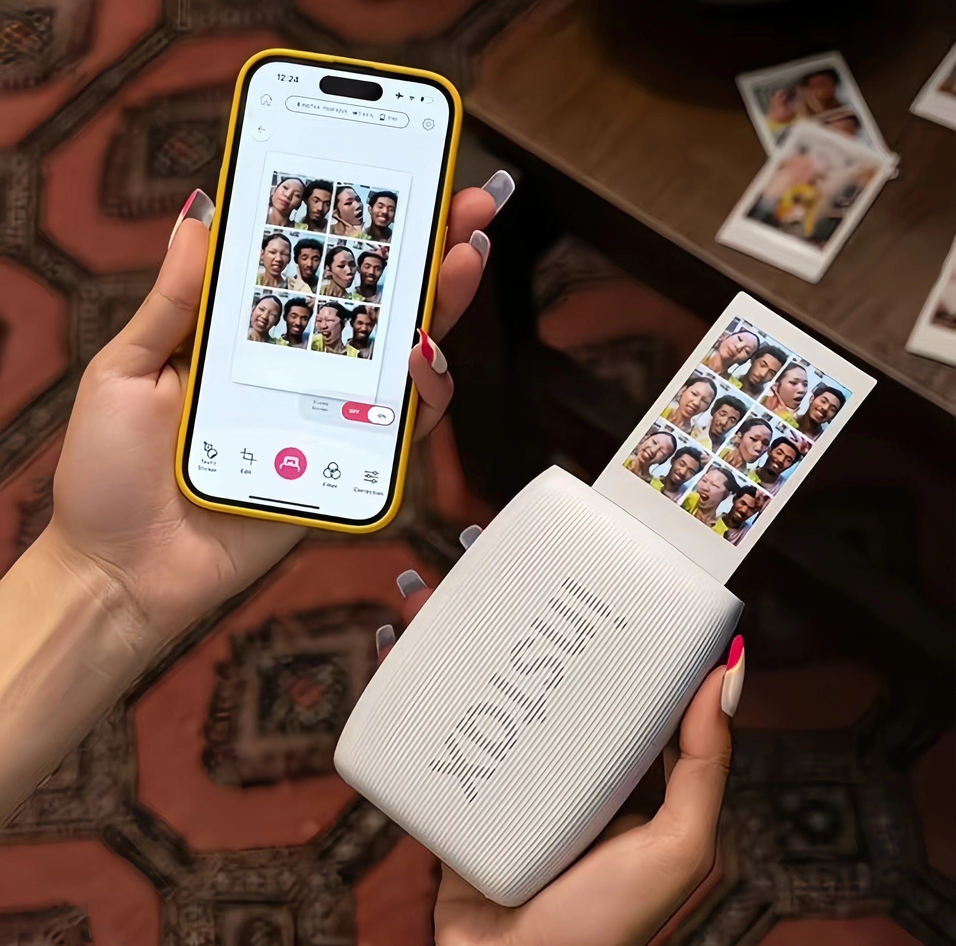 Hands holding Fujifilm Instax Mini Link 3 and smartphone. App displays 6-shot collage being printed instantly. Compact design perfect for travel, parties, or gifting memories.