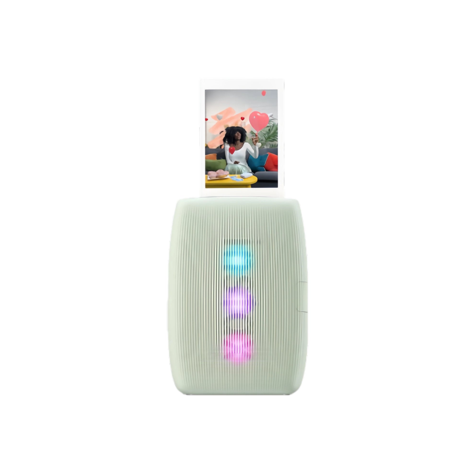 Fujifilm Instax Mini Link 3 in sage green printing a photo with animated hearts. Vertical LED lights glow in blue, purple, and pink. Sleek design with modern texture and instant print output.