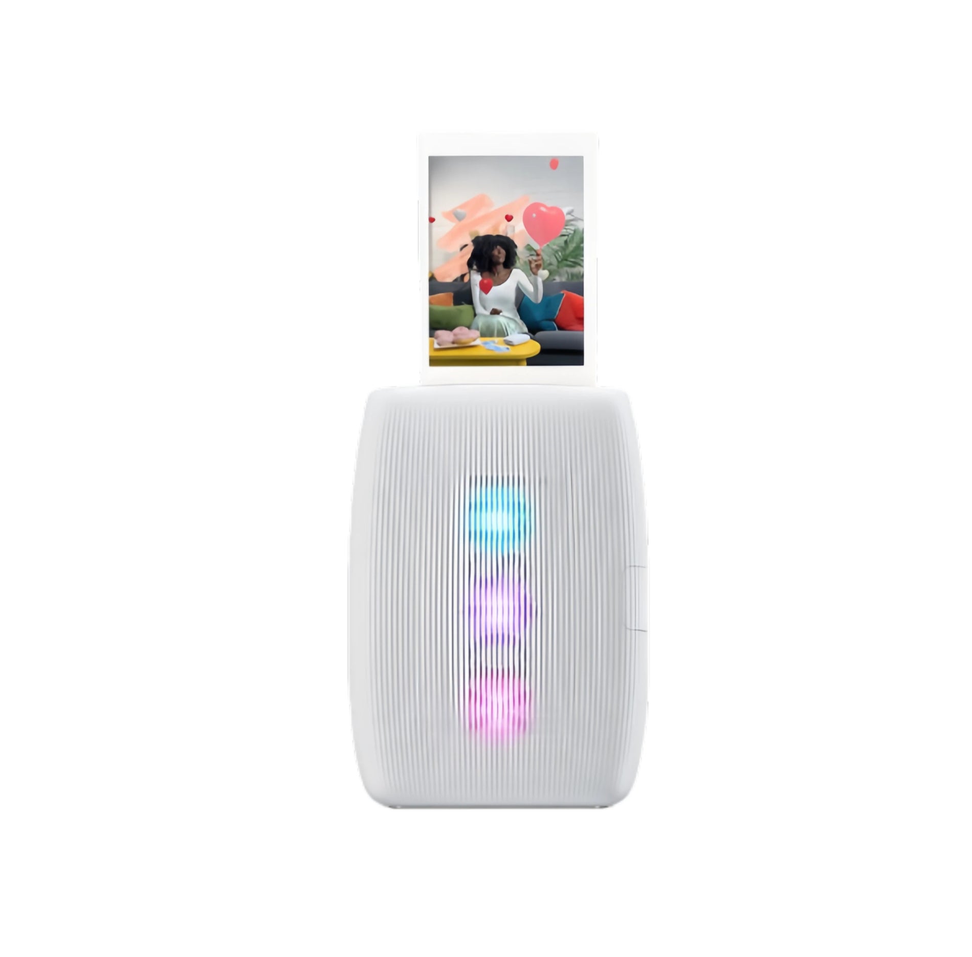 Front view of Fujifilm Instax Mini Link 3 in white, printing a photo with heart-shaped AR effects. Vertical LED lights illuminate in blue, purple, and pink during operation.