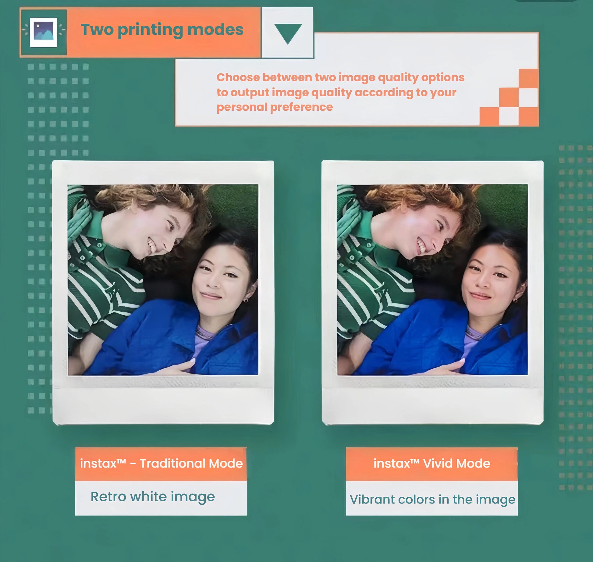 Side-by-side comparison of Instax Square Link print modes: Traditional Mode (retro white image) vs Vivid Mode (vibrant colors). Customize your photo output for classic or modern looks.