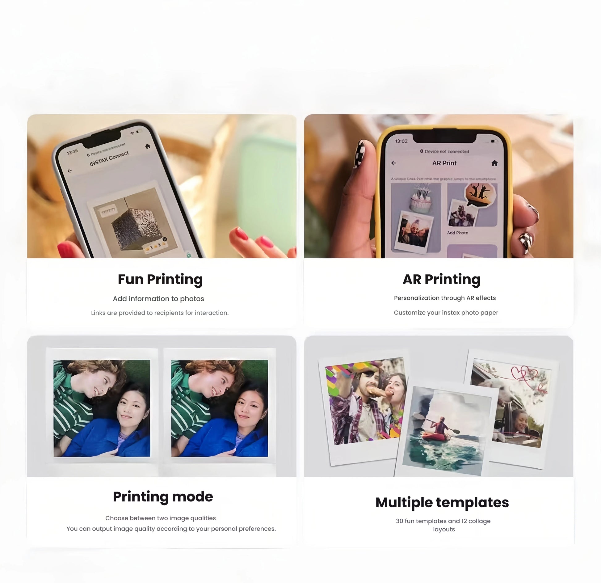 Split-screen showing Instax Connect app interface: Fun Printing with QR codes and AR Printing with animated effects. Includes 30 templates and 12 collage layouts for creative expression.