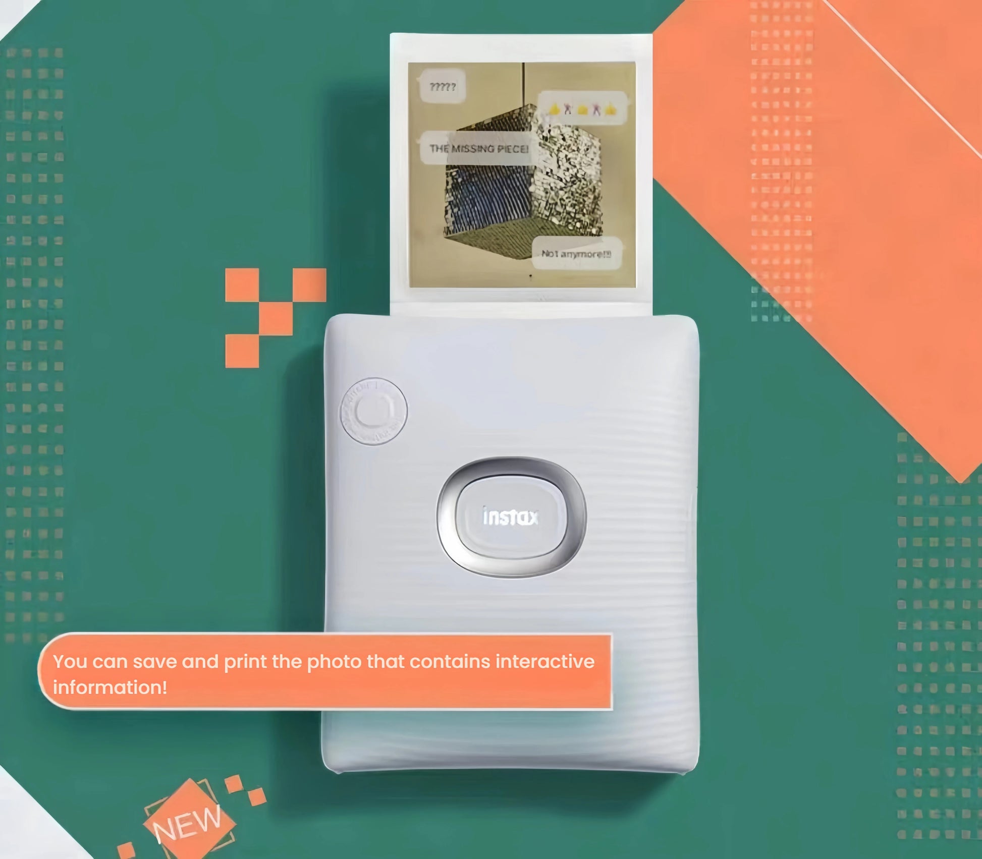 Fujifilm Instax Square Link white model printing a photo with interactive text bubbles and animated elements. Supports AR printing—scan to reveal hidden content like messages or videos.