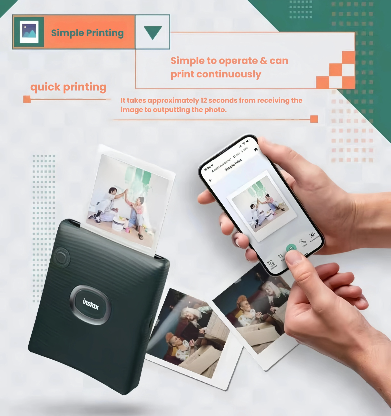 Hand holding smartphone with Instax Connect app open, printing photo to Fujifilm Instax Square Link printer. Fast wireless printing in under 12 seconds—perfect for continuous use at events.