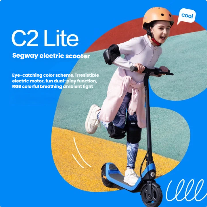 A happy young girl wearing a helmet and safety gear, confidently riding the stylish Segway C2 Lite kids' electric scooter, which features an eye-catching design and ambient lighting.