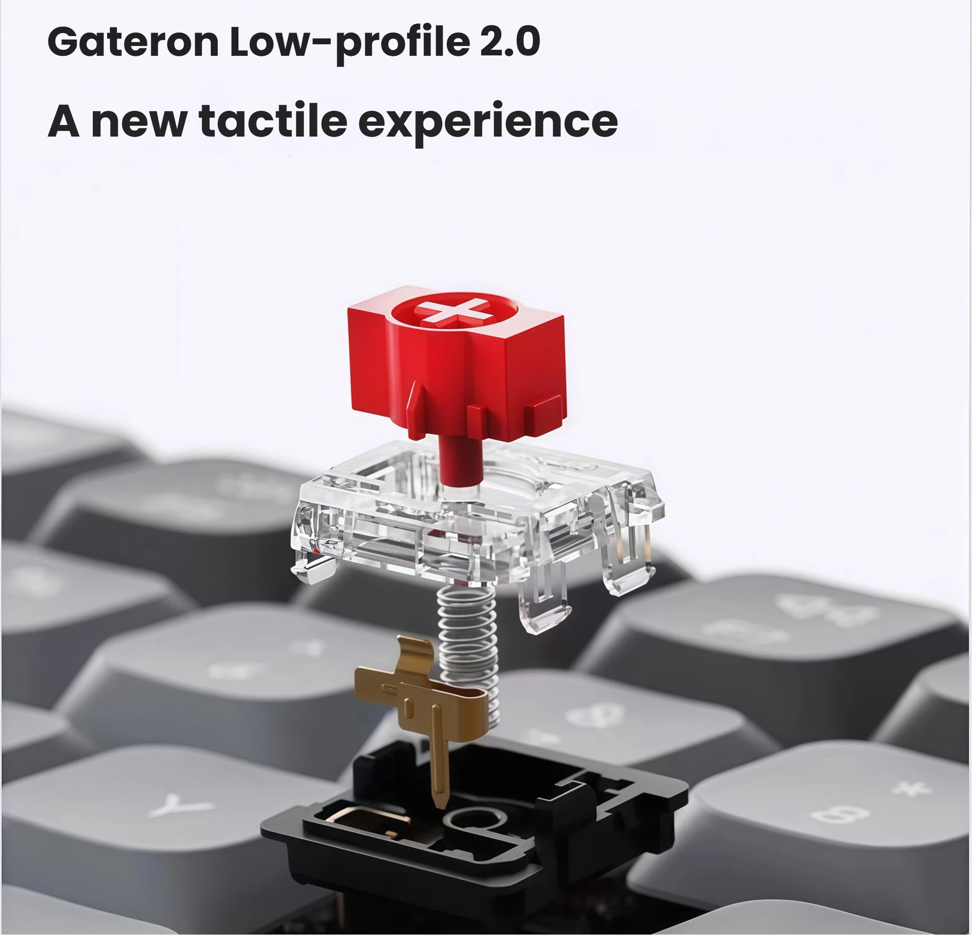 Close-up of Gateron Low-Profile 2.0 mechanical switch with red stem, transparent housing, and gold contact plate, installed in Keychron K17 Max keyboard for smooth tactile feedback.