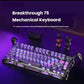 Front-facing shot of the GravaStar Mercury K1 Lite 75% mechanical keyboard featuring vibrant RGB backlighting and a sleek black aluminum frame. This compact gaming keyboard includes tri-mode connectivity (Bluetooth, 2.4GHz, USB-C), gasket-mount construction, and a futuristic aesthetic perfect for modern PC builds.
