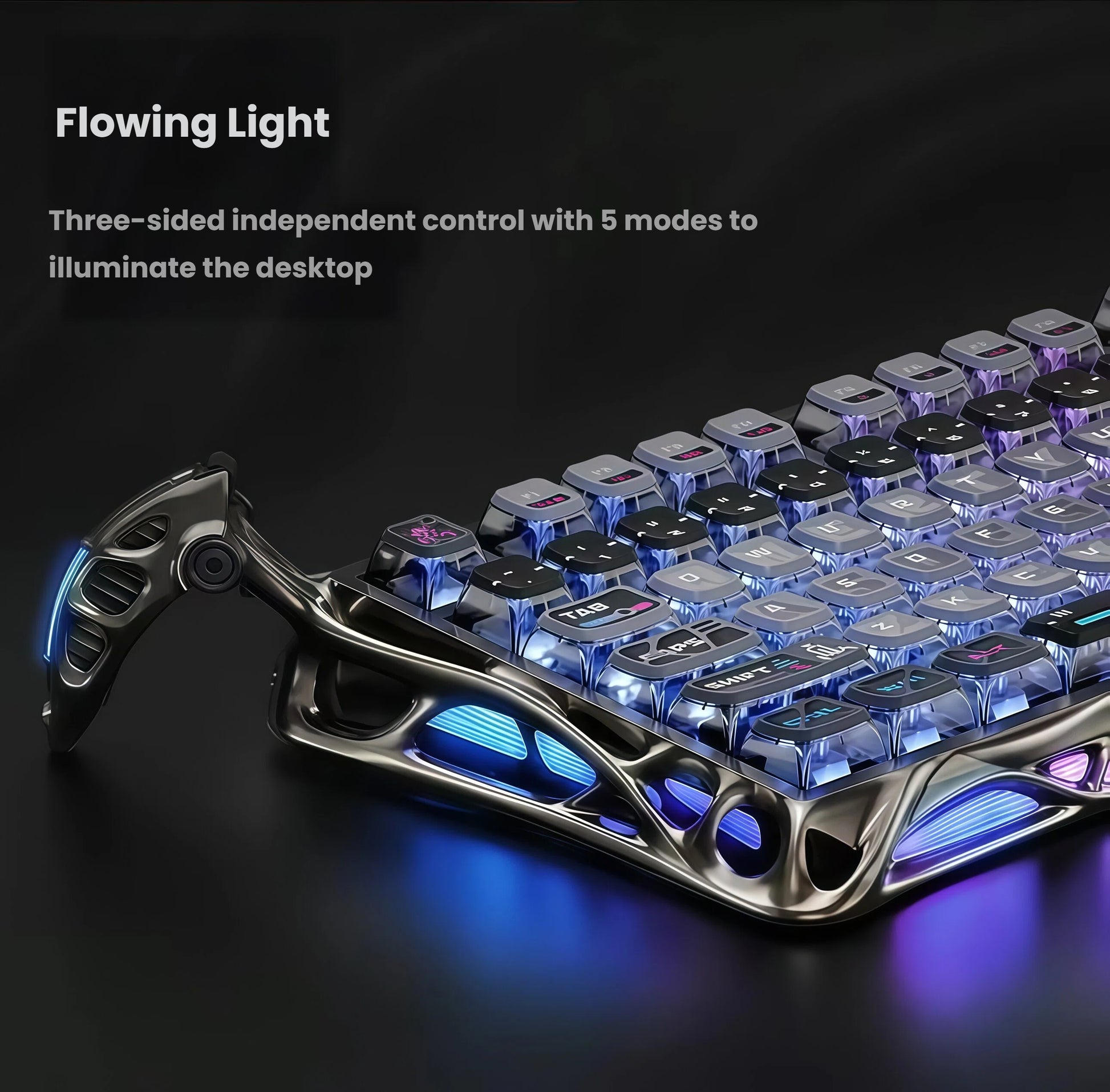 Close-up side view of the GravaStar Mercury K1 Lite gaming keyboard highlighting its three-sided flowing LED lighting. The vibrant blue and purple glow from the front, sides, and under-chassis illuminates the desk, offering five customizable lighting modes for immersive gaming setups.