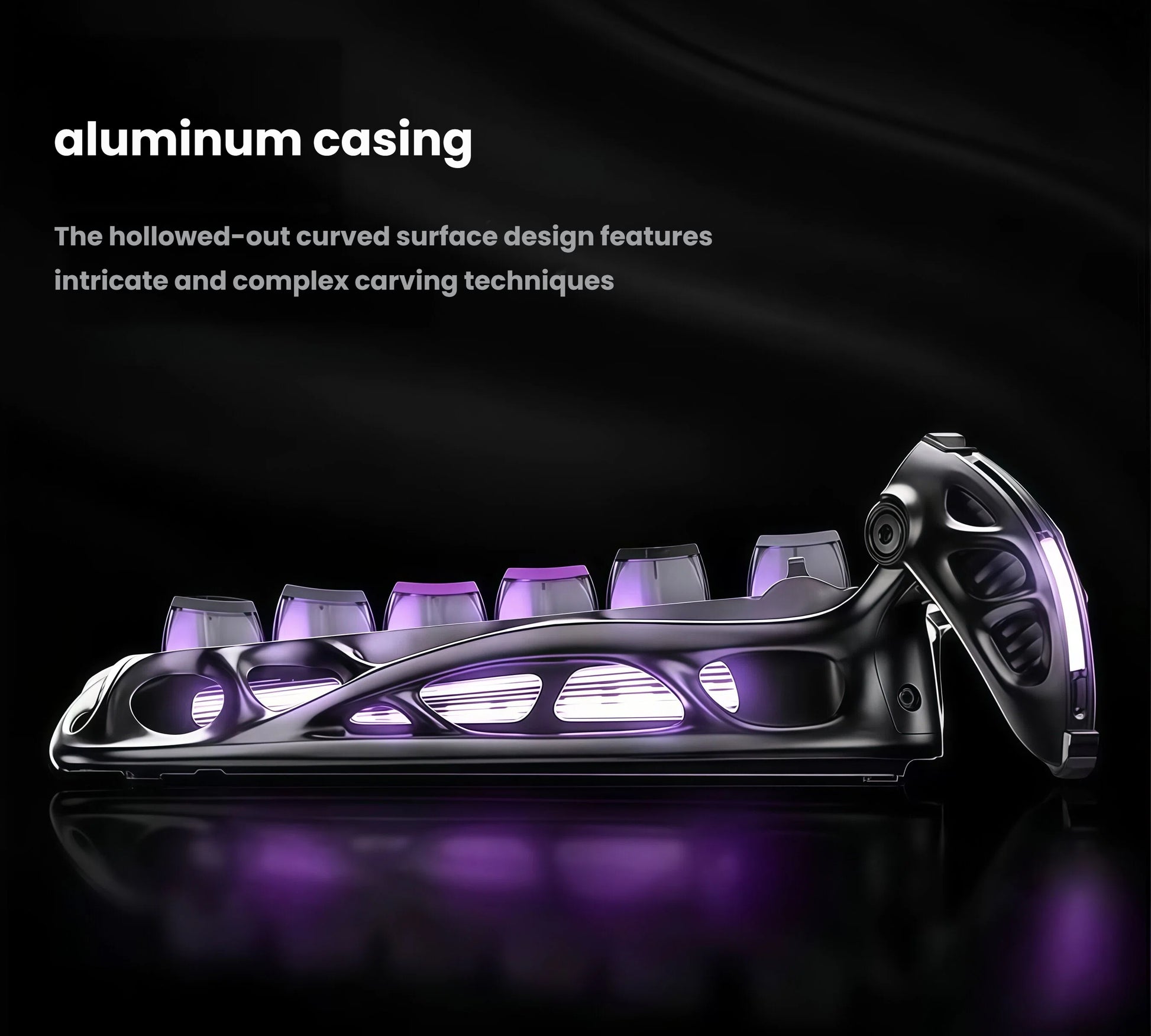 Side profile of the GravaStar Mercury K1 Lite keyboard showcasing its intricately carved aluminum chassis. The hollowed-out curved surface features advanced CNC machining techniques, combining lightweight durability with a futuristic, sculptural design that stands out on any desk.