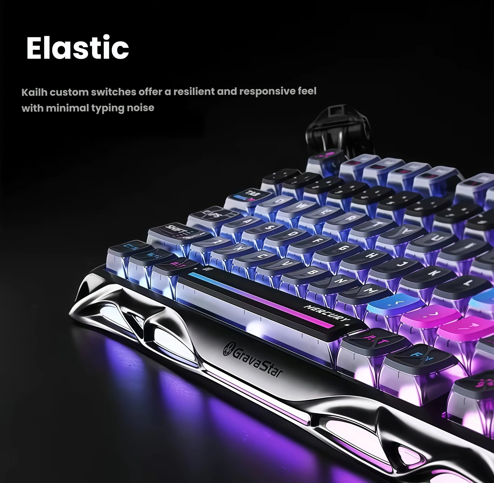 Close-up of the GravaStar Mercury K1 Lite keyboard showing Kailh custom mechanical switches beneath translucent keycaps. These switches provide a resilient, elastic feel with minimal typing noise, delivering smooth and responsive performance for fast-paced gaming and typing.