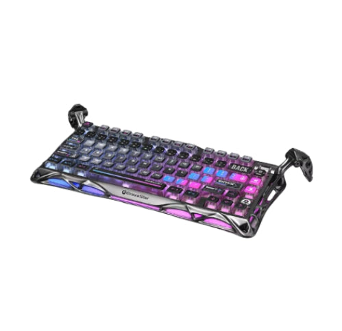 GravaStar Mercury K1 Pro mechanical gaming keyboard featuring vibrant purple and blue RGB backlighting, sleek aluminum chassis, and ergonomic design for high-performance gaming.