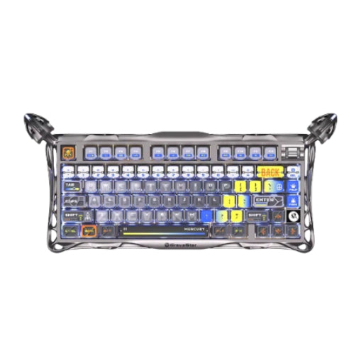 GravaStar Mercury K1 Pro mechanical keyboard with blue and white keycaps, full RGB illumination, and advanced anti-ghosting technology for responsive gaming input.