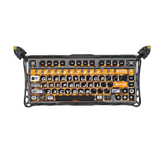 Top-down view of the GravaStar Mercury K1 Pro gaming keyboard showcasing a bold orange and black keycap design, custom switch layout, and durable metal frame ideal for competitive gamers.