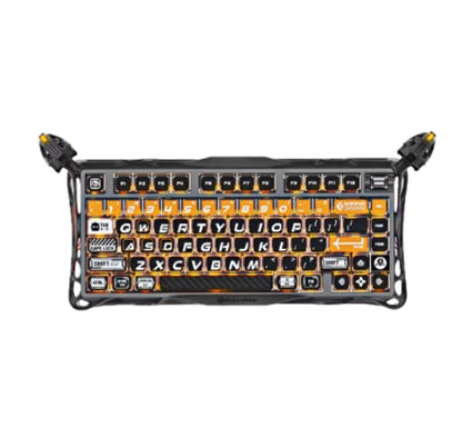 Top-down view of the GravaStar Mercury K1 Pro gaming keyboard showcasing a bold orange and black keycap design, custom switch layout, and durable metal frame ideal for competitive gamers.