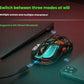 The GravaStar Mercury M2 gaming mouse connects via three modes: 2.4GHz wireless, USB wired, and Bluetooth 5.0. Shown in use with a laptop and smartphone, this versatile mouse supports multiple devices and scenes, perfect for gaming, work, and mobile productivity.