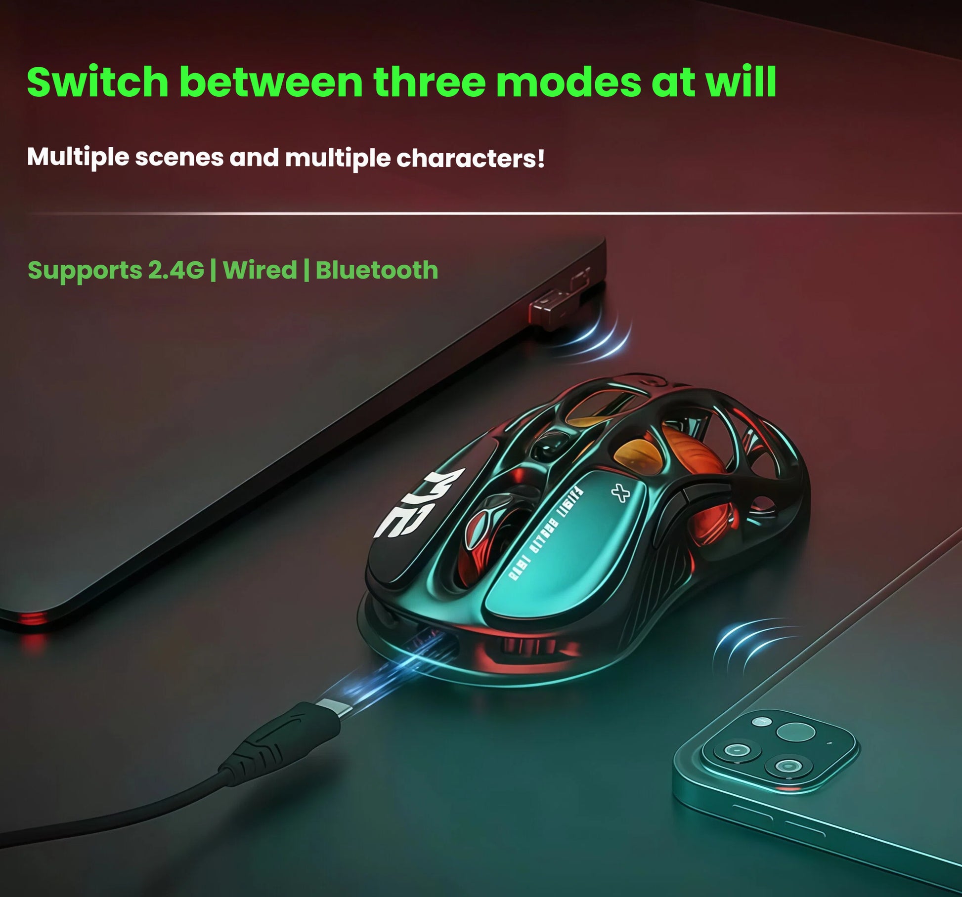 The GravaStar Mercury M2 gaming mouse connects via three modes: 2.4GHz wireless, USB wired, and Bluetooth 5.0. Shown in use with a laptop and smartphone, this versatile mouse supports multiple devices and scenes, perfect for gaming, work, and mobile productivity.