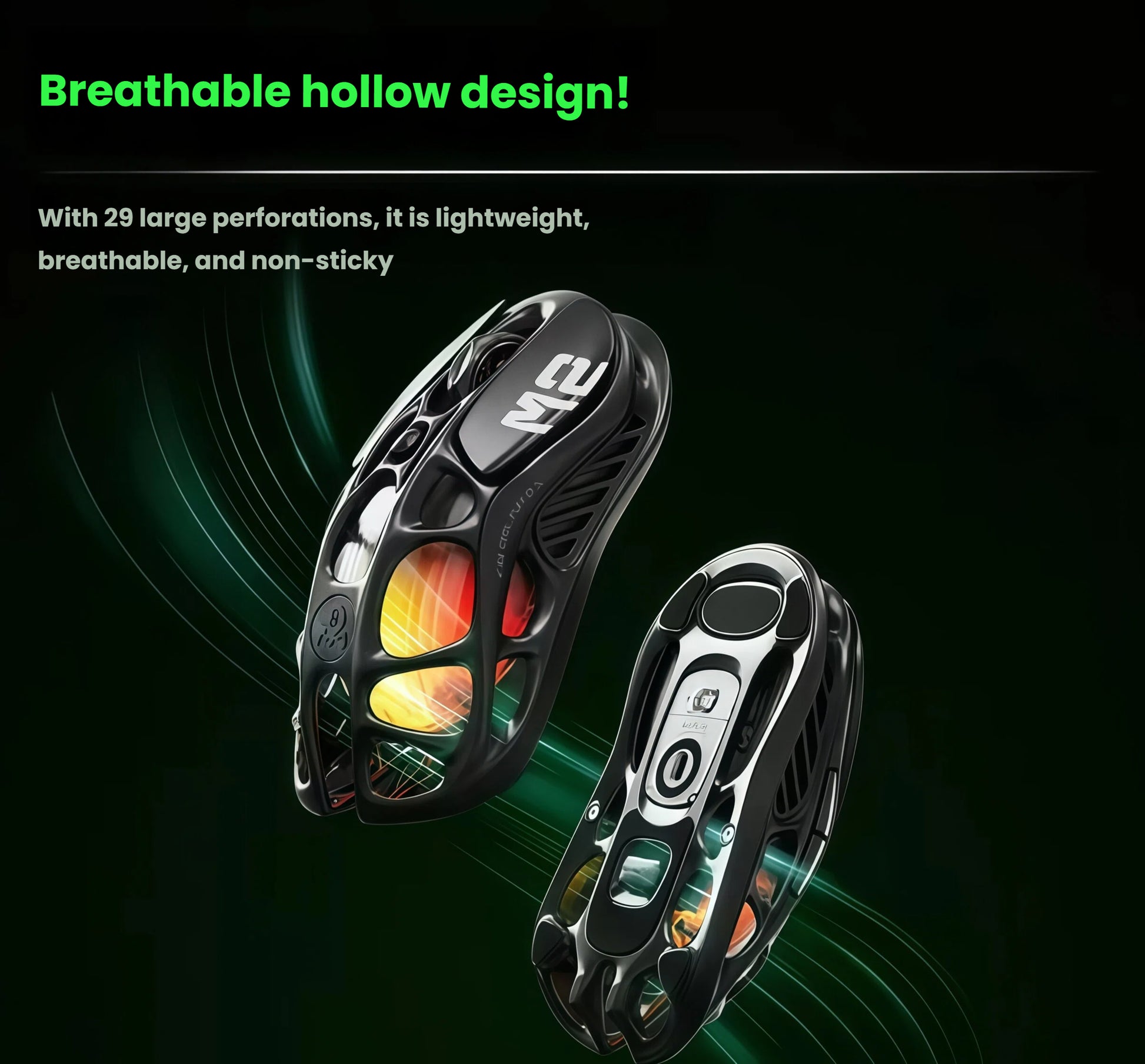The GravaStar Mercury M2 gaming mouse features a futuristic hollow design with 29 large perforations, reducing weight and enhancing breathability. This lightweight, non-sticky structure prevents sweat buildup during long gaming sessions, offering superior comfort and grip control.
