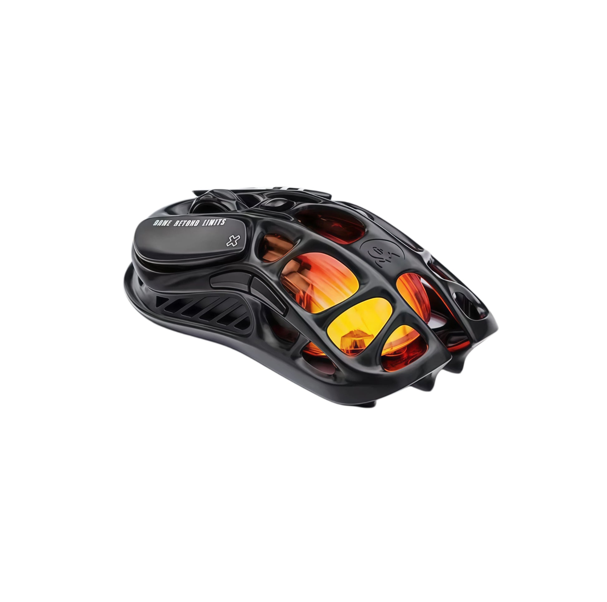 Studio shot of the GravaStar Mercury M2 wireless gaming mouse in black, featuring a futuristic skeletal design with glowing orange-red accents inside the hollow shell. The sleek, ergonomic shape combines style with function, ideal for competitive gamers and tech enthusiasts.