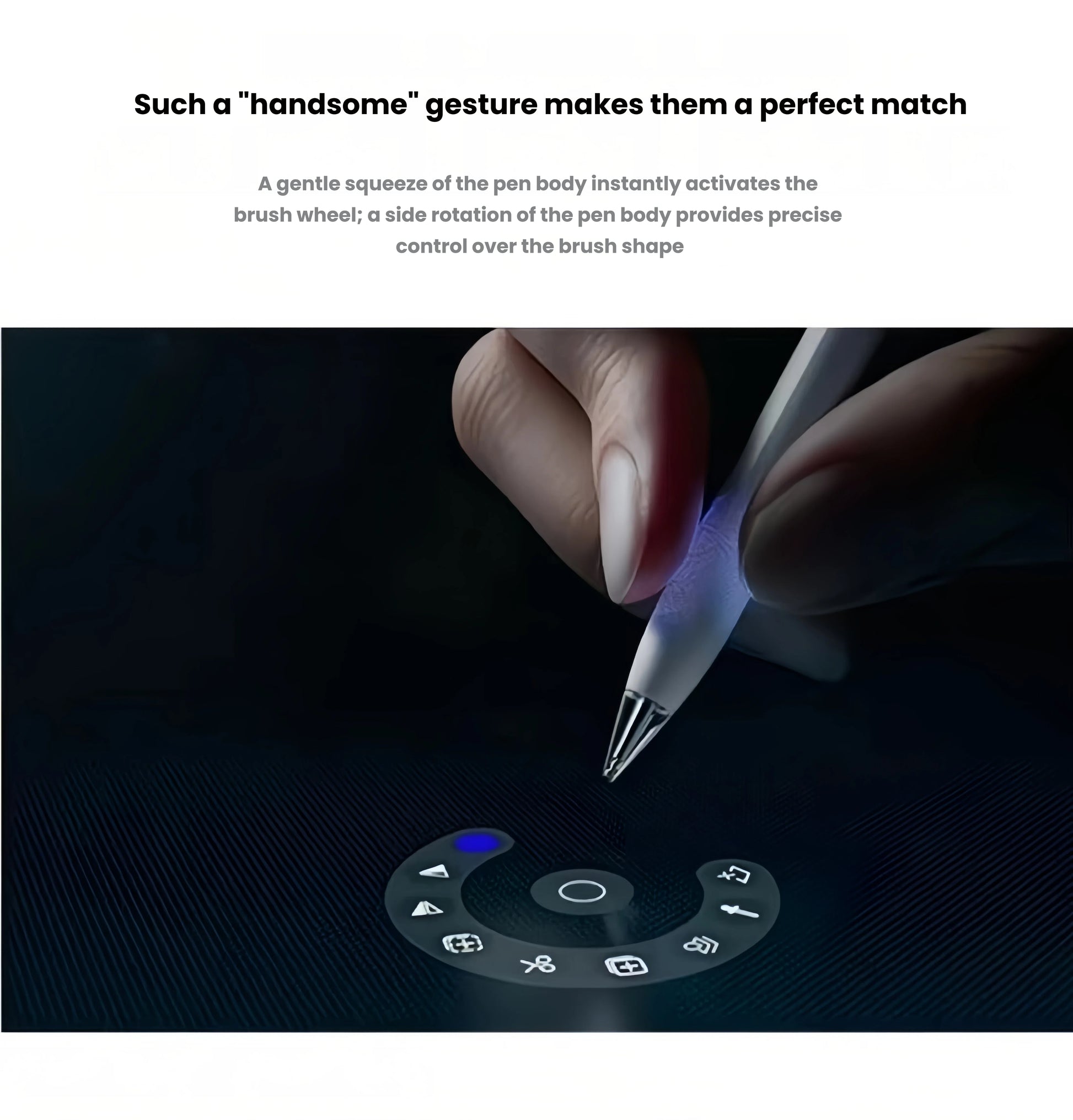 Close-up of hand using HUAWEI M-Pencil Pro with a squeeze gesture to activate the digital brush wheel. Offers precise control over brush shape and tools for creative professionals and artists.
