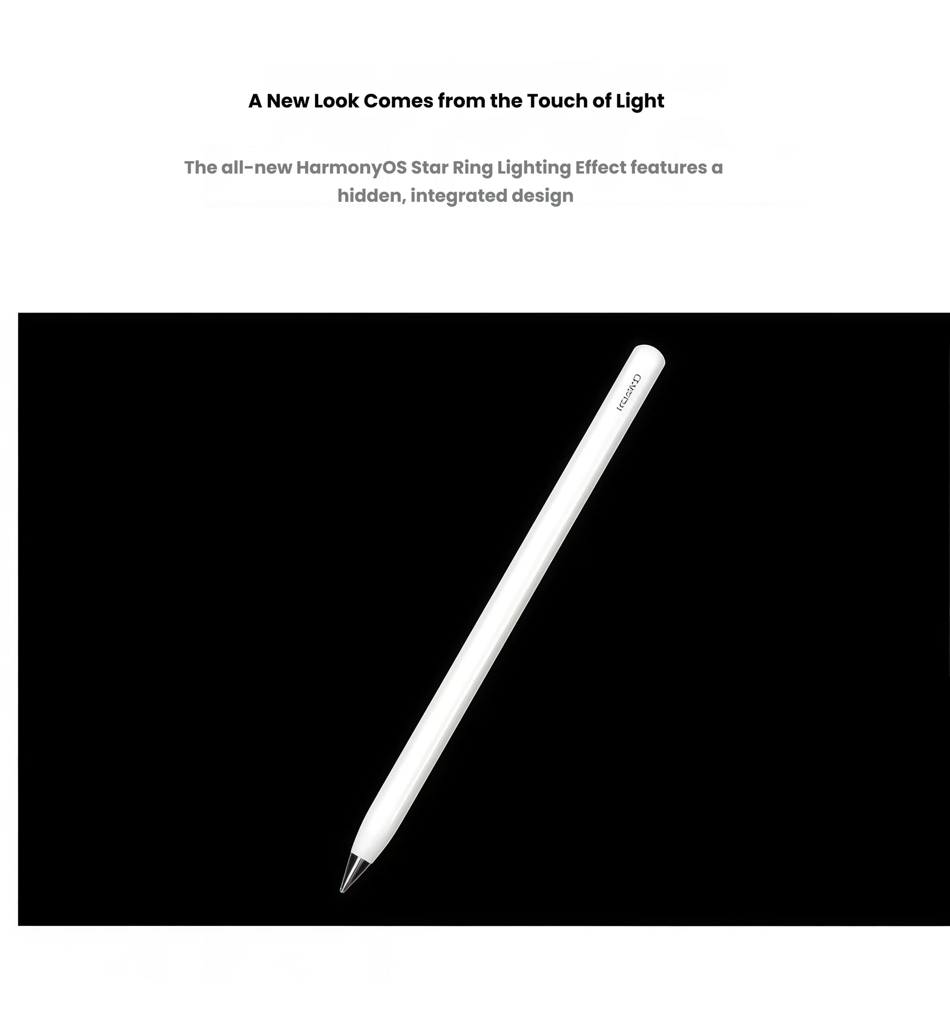 Minimalist white HUAWEI M-Pencil Pro against black background, highlighting its sleek design and hidden Star Ring lighting effect powered by HarmonyOS for a futuristic aesthetic.