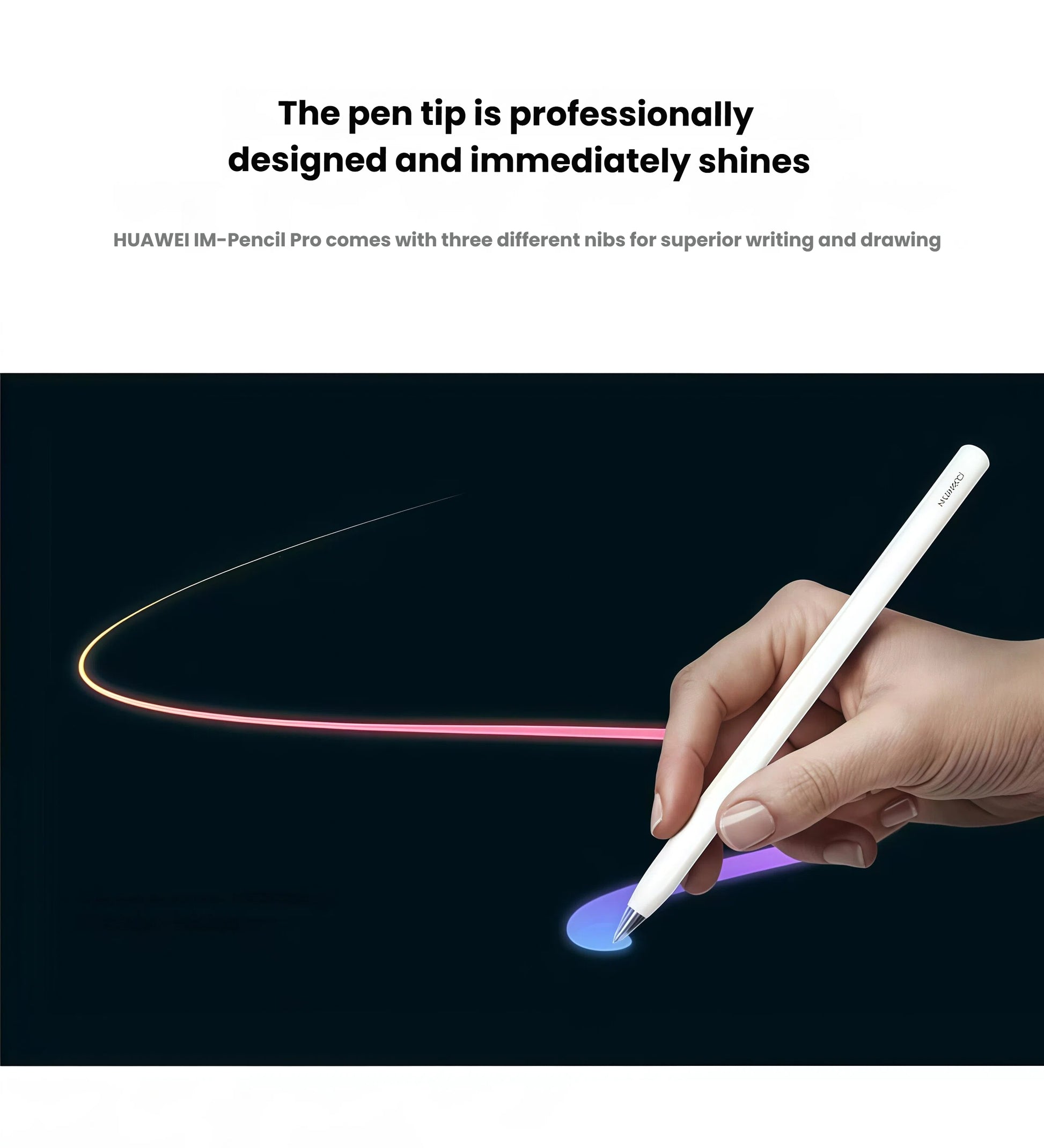 Hand holding HUAWEI M-Pencil Pro drawing a colorful stroke on a dark background. The precision-engineered tip supports three interchangeable nibs for optimal handwriting and sketching performance.