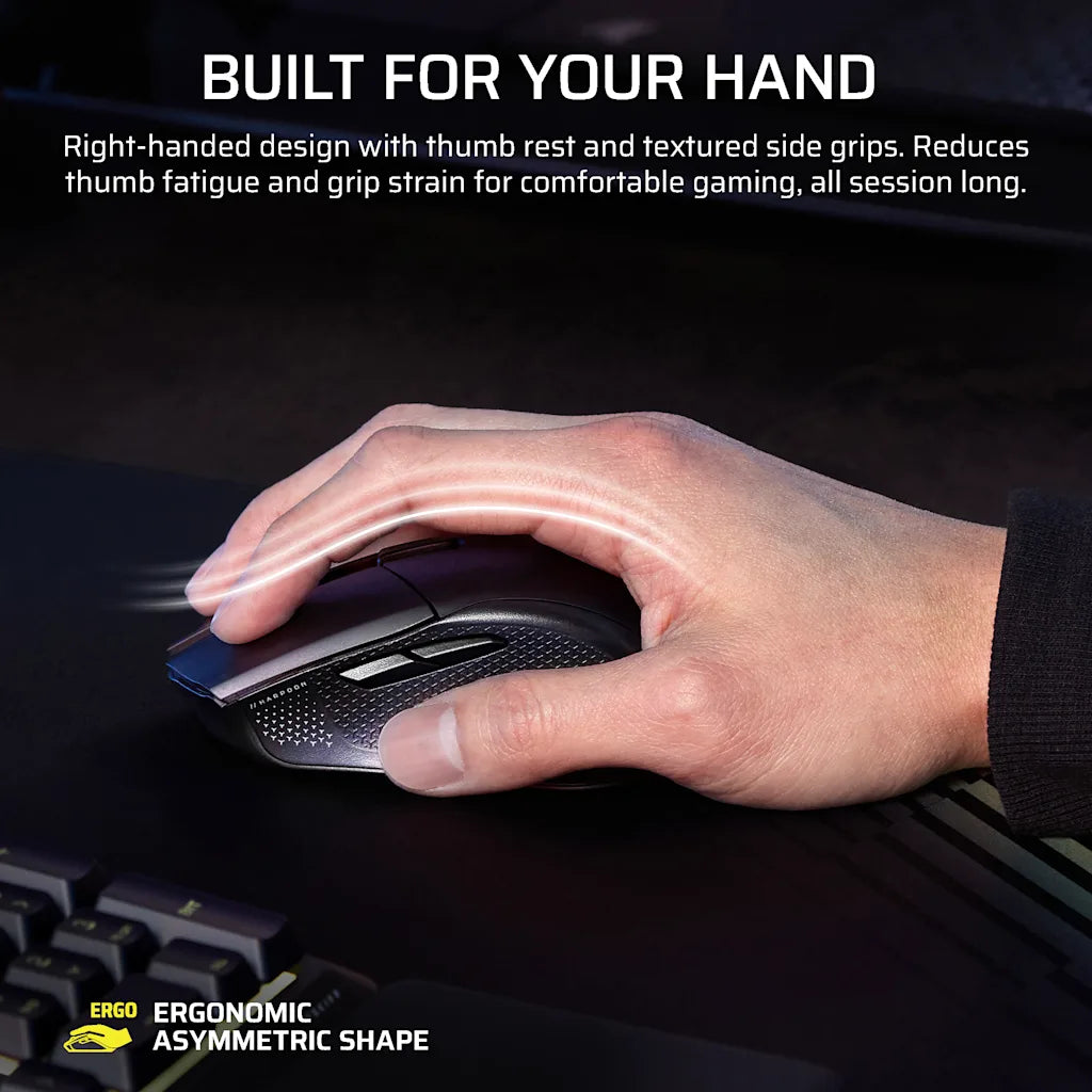 Right-handed grip on the CORSAIR HARPOON v2 WIRELESS mouse
