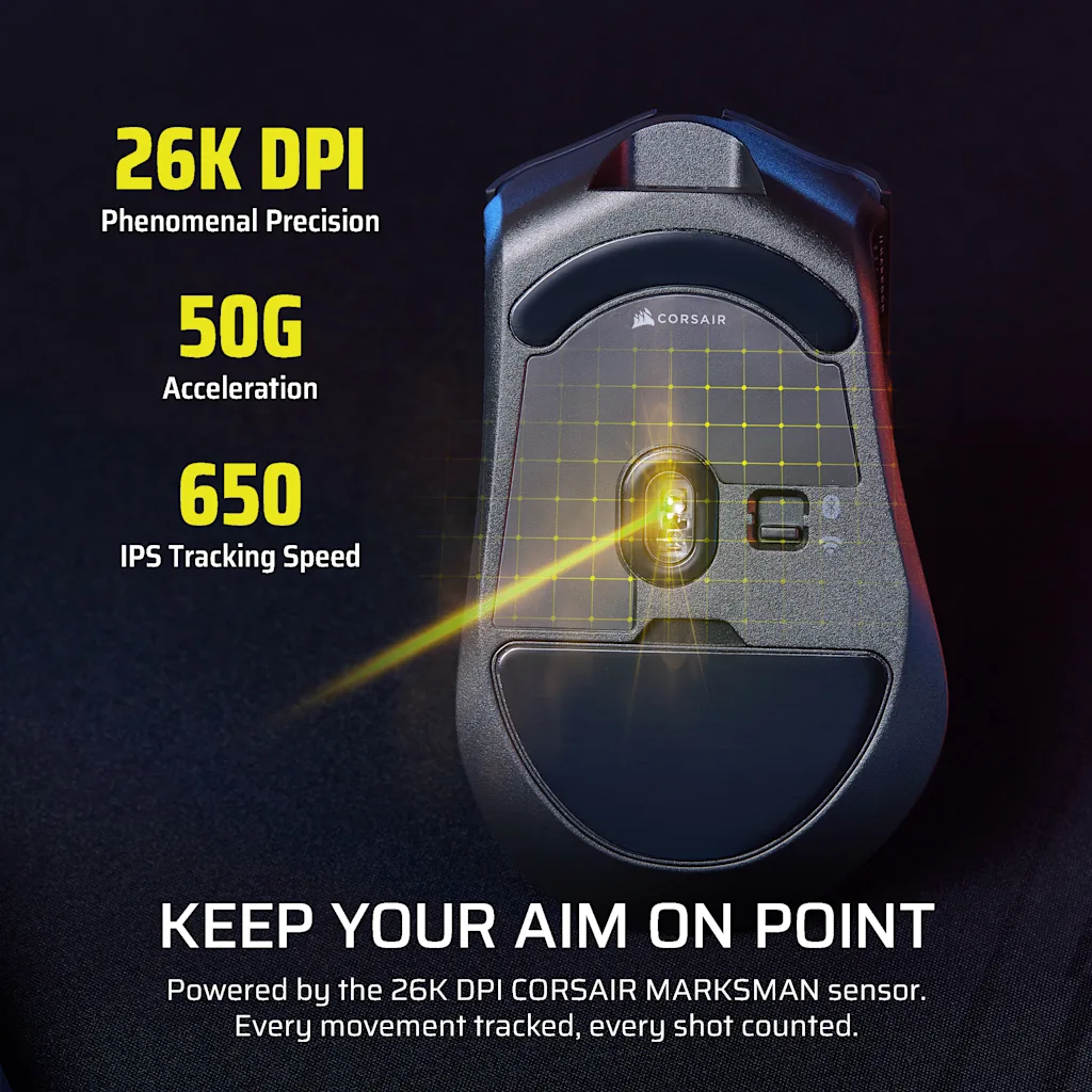 CORSAIR HARPOON v2 WIRELESS with its 26K DPI MARKSMAN sensor highlighted