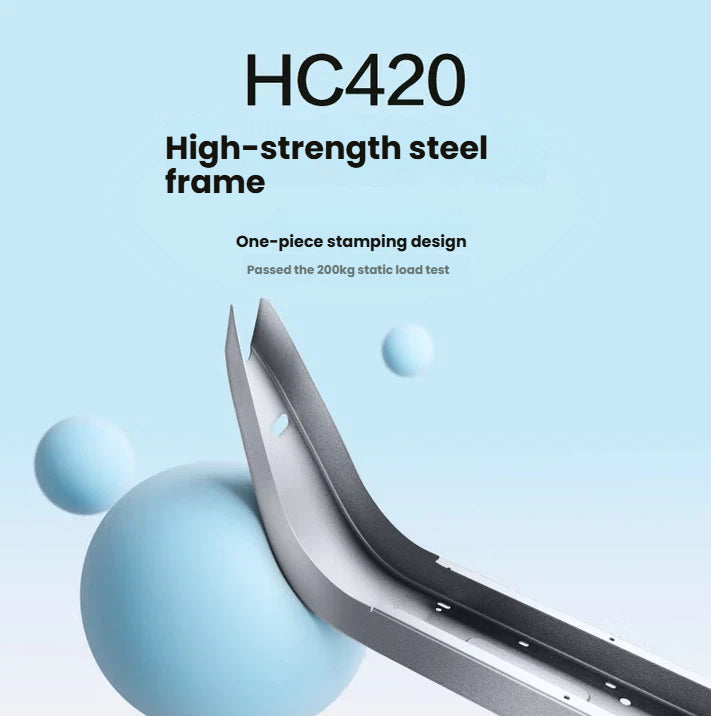 A detailed view of the durable HC420 high-strength steel frame of the Segway C2 Lite kids' scooter, showcasing its one-piece stamping design tested for safety and reliability.